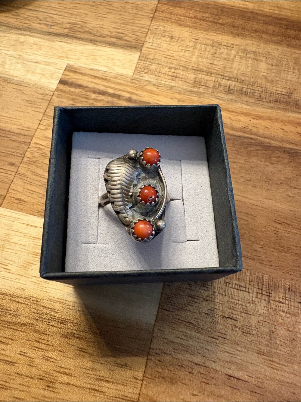 Vintage Sterling Silver Coral Three-Stone Statement Ring - Orange